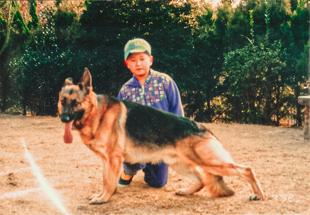 A young Steve Hong, wearing a green cap and patterned shirt, kneels in a park beside a German Shepherd in a stance, displaying the dog's agility. Trees and greenery softly blur in the background, and the photo appears aged with a '92 timestamp, suggesting a cherished memory.